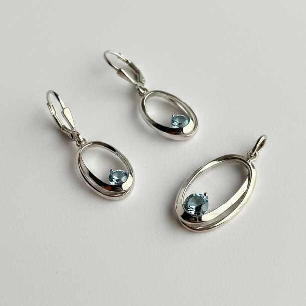 925 Silber Schmuckset mit Syn. Spinel Aqua – Anhänger und Ohrringe