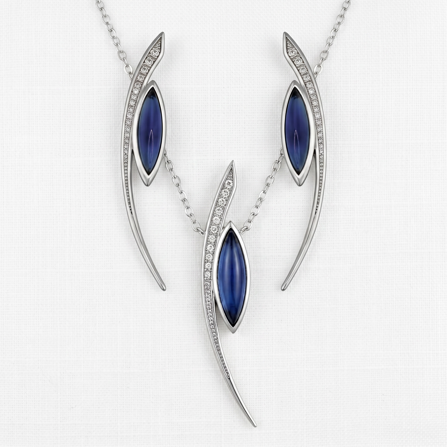 925 Silber Schmuckset mit Glas-Saphirblau und Zirkonia – Kette und Ohrringe