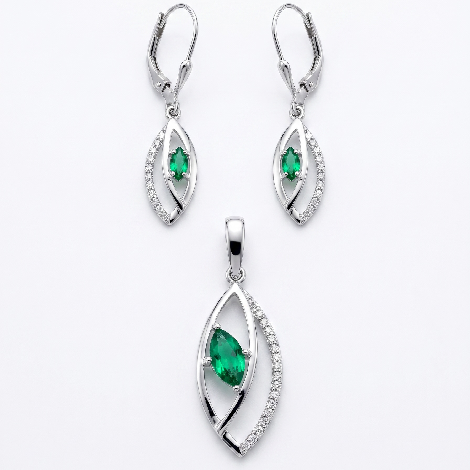 925 Silber Schmuckset mit Glas-Smaragdgrün und Zirkonia – Anhänger und Ohrringe