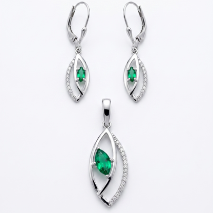 925 Silber Schmuckset mit Glas-Smaragdgrün und Zirkonia – Anhänger und Ohrringe