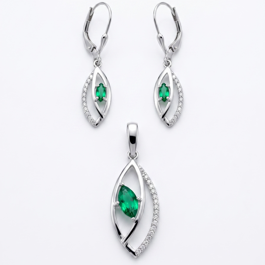 925 Silber Schmuckset mit Glas-Smaragdgrün und Zirkonia – Anhänger und Ohrringe