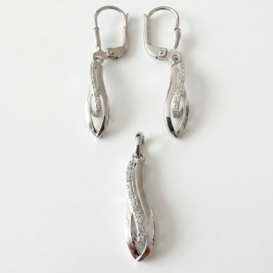925 Silber Schmuckset mit Zirkonium im Wellen-Design – Anhänger und Ohrringe