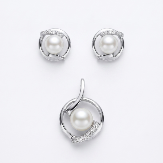 925 Silber Schmuckset mit Akoya-Perle und Swarovski Zirconia – Anhänger und Ohrringe
