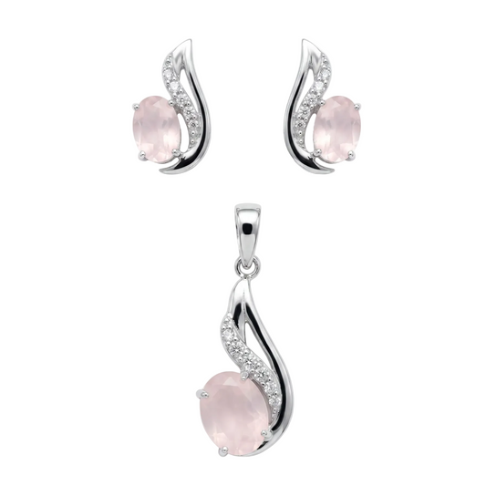 925 Silber Schmuckset mit Rosenquarz und Zirkonia – Anhänger und Ohrringe