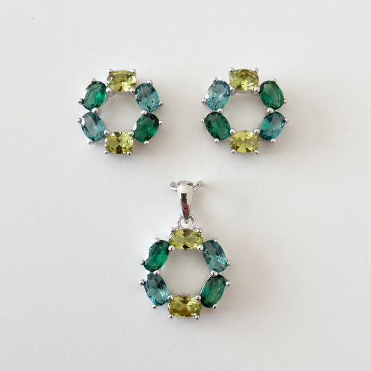 925 Silber Schmuckset mit Zirkonia in Grüntönen im Kreis-Design – Anhänger und Ohrringe