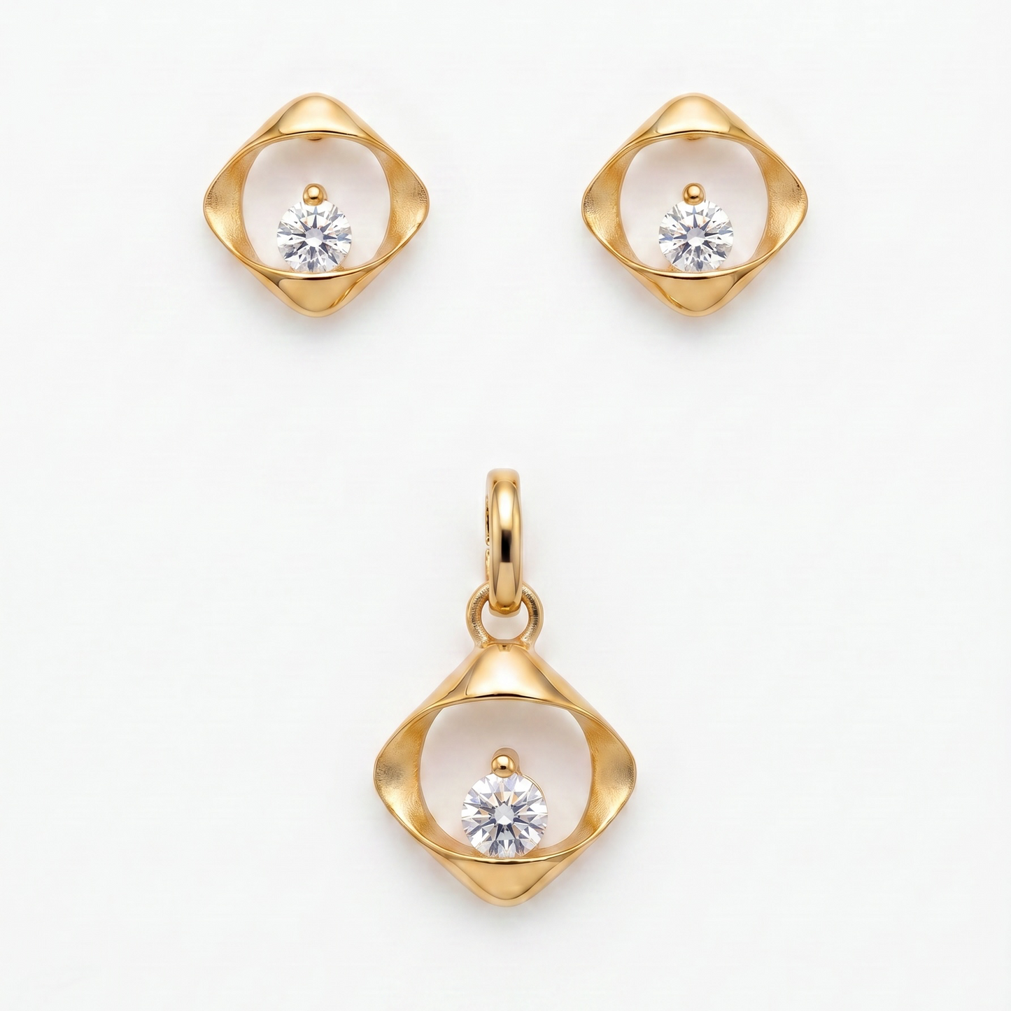 925 Silber Schmuckset Vergoldet mit Zirkonia im Rauten-Design – Anhänger und Ohrringe
