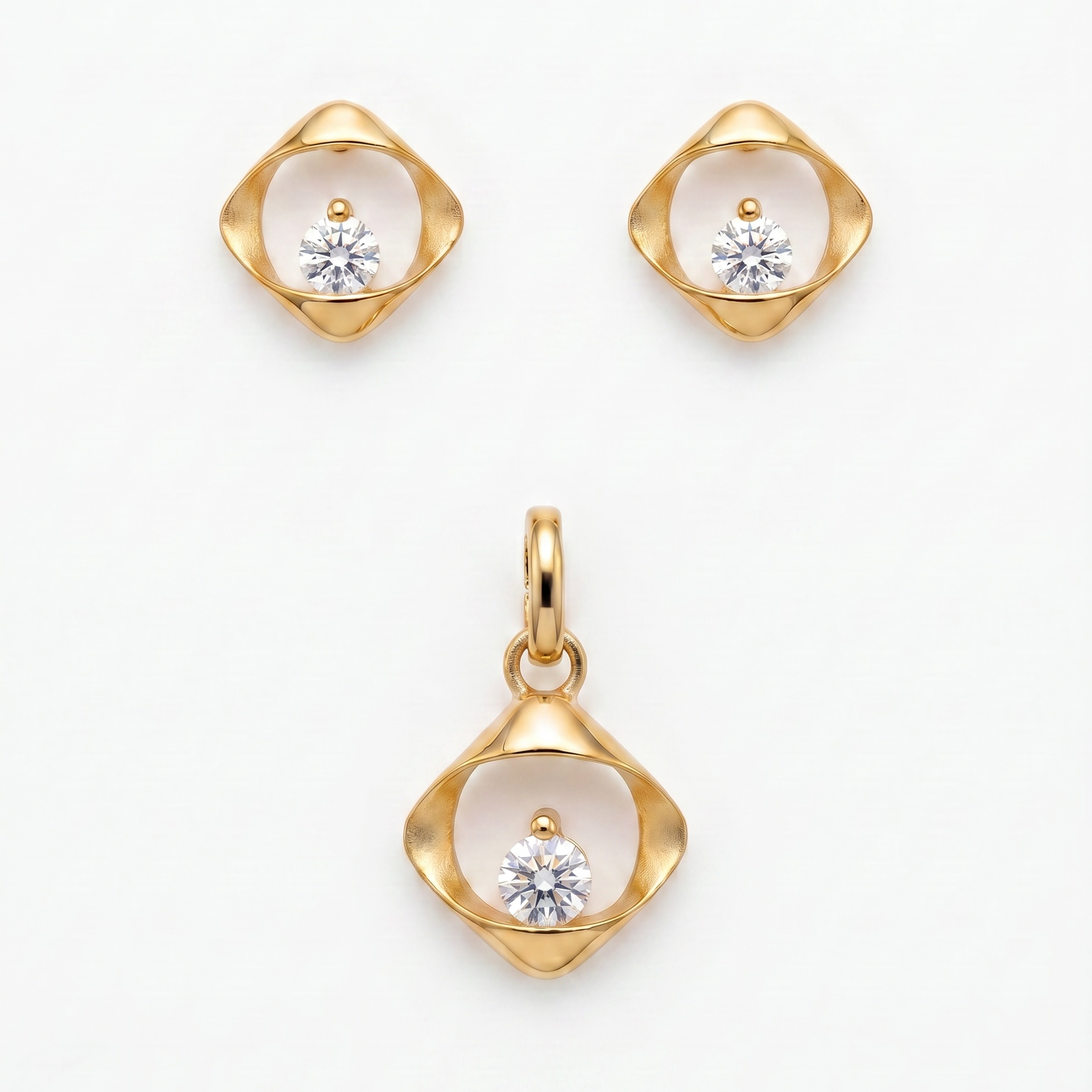 925 Silber Schmuckset Vergoldet mit Zirkonia im Rauten-Design – Anhänger und Ohrringe