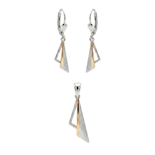 925 Silber Schmuckset Bicolor im Dreieck-Design – Anhänger und Ohrringe