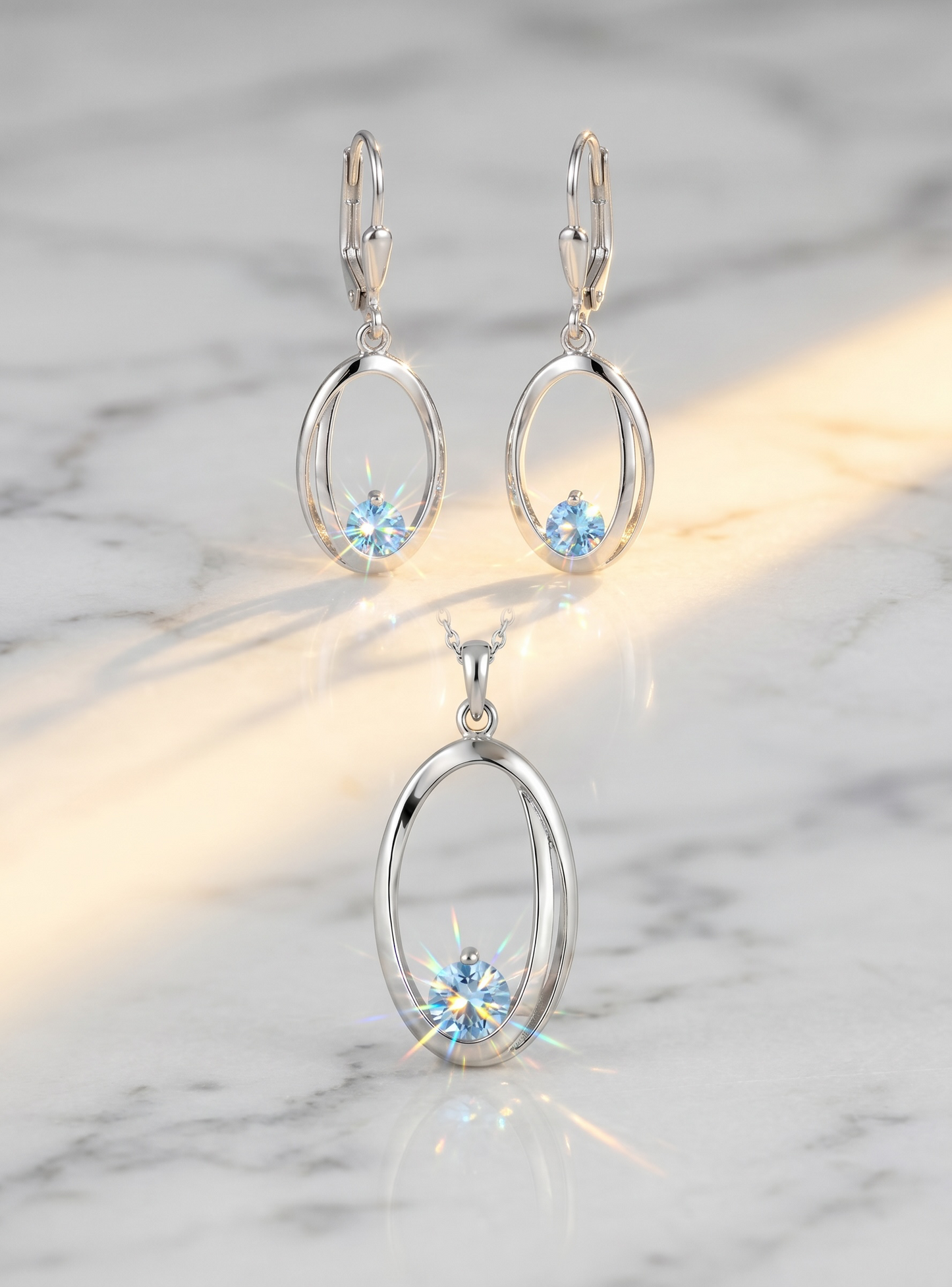 925 Silber Schmuckset mit Syn. Spinel Aqua – Anhänger & Ohrringe