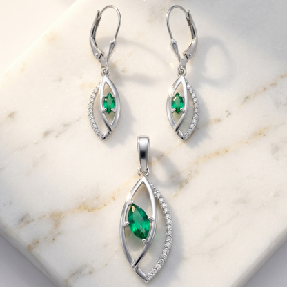 925 Silber Schmuckset mit Glas-Smaragdgrün und Zirkonia – Anhänger & Ohrringe